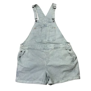 Old Navy Womens Shortalls 2x Blue White Stripe Denim Overalls Shorts Cuffed Hem - Picture 1 of 12