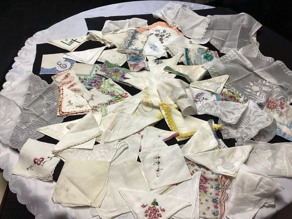 Lot of Vintage ASSORTED.  handkerchiefs 55 Total Old Ones Too - Image 1 of 4