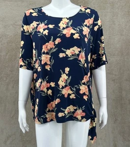 Chicos Top Womens 3 US XL Navy Floral Tie Hem Stretch Boho Office Work Summer - Picture 1 of 11