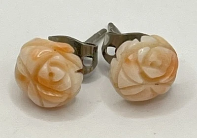 Aretes de poste de plata rosa coral natural vintage rosas talladas 8 mm melocotón Foto 1 de 4