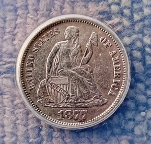 1877 CC Seated Library Dime ANACS Graded AU 50 Condition. - Foto 1 di 4