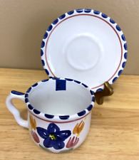 1 Cup 1 Plate Saucer Terracotta Mexico Blue Flowers Dot Red Verge Pottery E