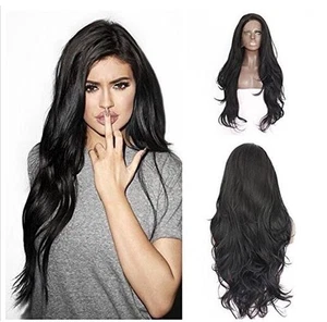 Natural Dark root Black Long Wavy celebrity Womens Full Hair T Lace Wig - Picture 1 of 5