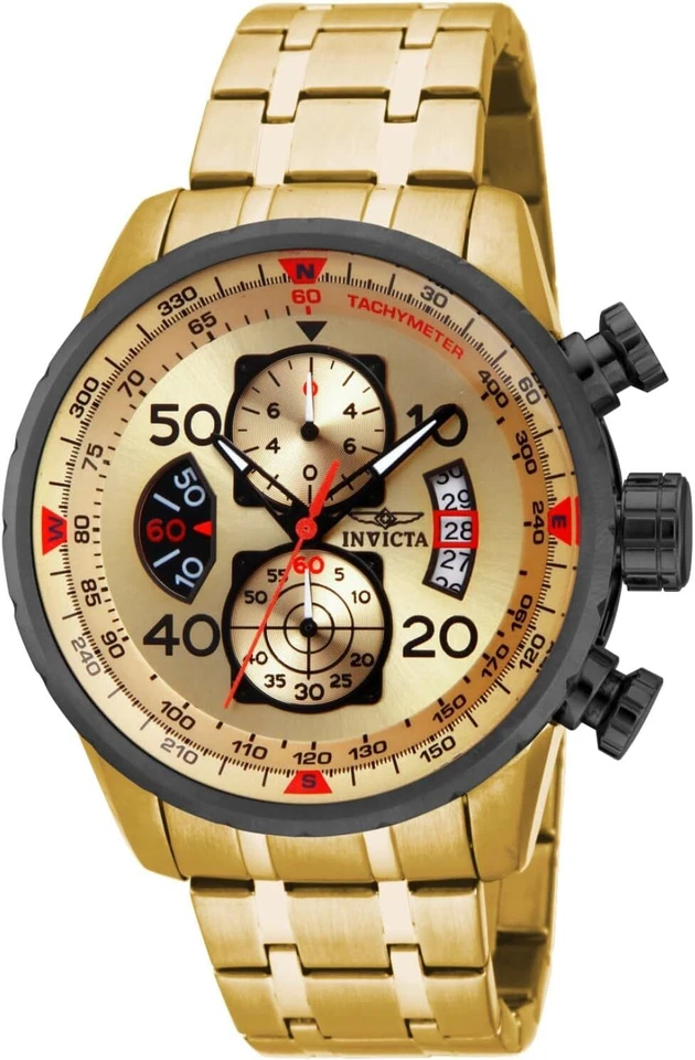 Invicta Aviator 17205 Mens 18k Gold Ion Plated Chronograph Watch 100 Auth