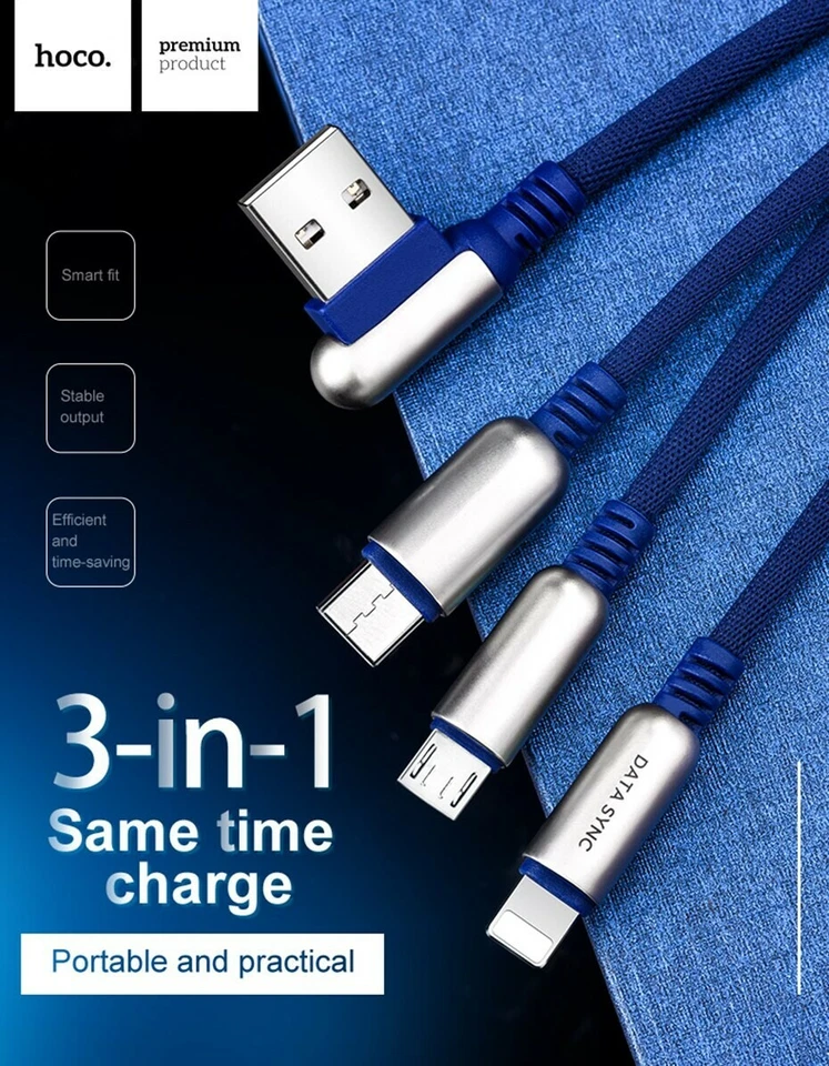 3 in 1 FAST Charging Type C Micro USB Apple Cable Cord for Samsung iPhone 4f - Image 1 of 4