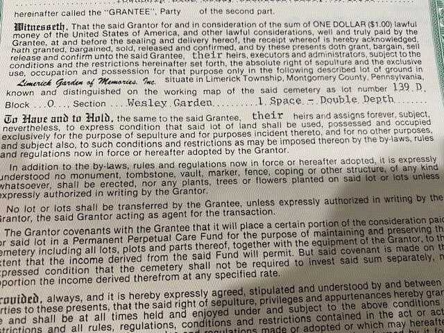 Parcela de cementerio en venta Limerick Garden of Memories, Limerick, Pensilvania - Doble profundidad Foto 1 de 1