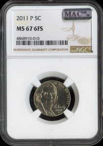 2011 P Jefferson Nickel 5C NGC MS67 FS qualità MAC - Foto 1 di 2