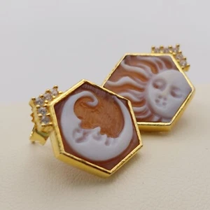 Sechseckige Cameo Ohrringe, Sonne und Mond, golden silber, handgefertigt, Zirkon - Bild 1 von 7