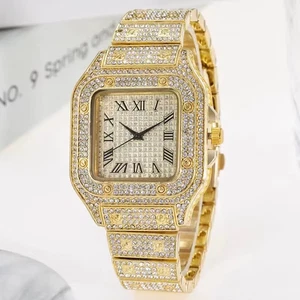 Unisex bling bling gold plated watch square face cubic zirconia accents - Picture 1 of 4