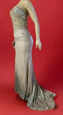 Vestido de baile para mujer Terani Couture talla 2 crema/plateado adornado con tren #C3 Foto 1 de 4