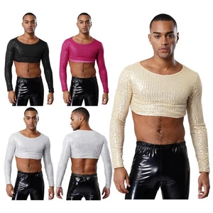 Mens Shiny Sequin Crop Tops Long Sleeve Fully Lined Crop Blouse Tee Shirt Club - Picture 1 of 47