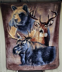BEAR DEER MOOSE DYNAMIC TRIO OUTDOOR ANIMAL HUNTING QUEEN SIZE BLANKET - Picture 1 of 2