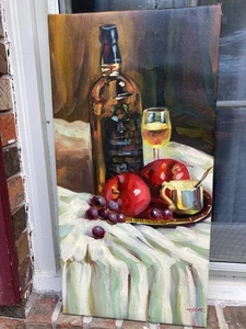 Dipinto Olio-12"x24" Vino Natura Morta Nuovo Allungato su Barre di Legno - Foto 1 di 3