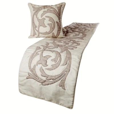 Decorative Queen Bed Runner Ivory & Beige, Lurex Applique Linen - Pretty Dainty - Image 1 of 4