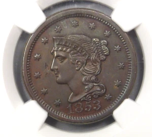 AU 1853 Large Cent. NGC AU details (planchet Flaw [error-delamination]). - Picture 1 of 11