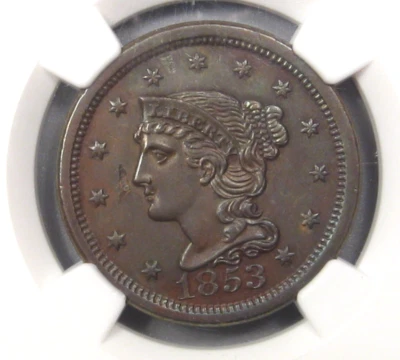 AU 1853 Large Cent. NGC AU details (planchet Flaw [error-delamination]). - Image 1 of 4