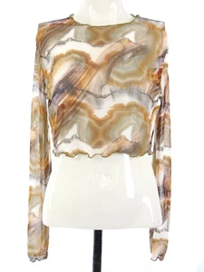 Mesh Sheer Crop Top Blouse Multicolor Long Sleeve Marble Effect Going Out UK 12 - Picture 1 of 10