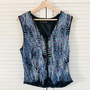 Vintage Kuku Sudi Waistcoat Size Medium Black Blue Sequin Embellished Silk Top - Picture 1 of 20