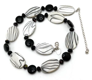 DONNA DRESSLER Mother of Pearl & Onyx Necklace Black Swirl Sterling Silver Clasp - Picture 1 of 14