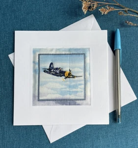 Hand Made Sewn Blank Card Birthday Thank You WW2 American Corsair plane jet War - Picture 1 of 2