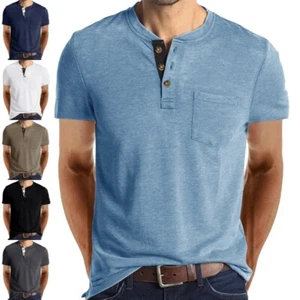 Cotton Henley Summer Tops Men Sport Plain Short Sleeve Holiday Beach T Shirts - Picture 1 of 54