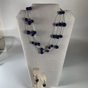 Fabulous Silver Tone Necklace Earring Set with Deep Blue Beads - Picture 1 of 3