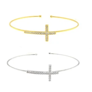Women's 925 Silver Cross Center White CZ Stiff Bracelet Elegant - Picture 1 of 13
