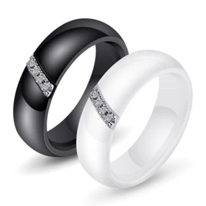 Anillo de compromiso de cerámica blanca/negro de 6 mm banda circular para hombre y mujer talla 6-10 - Imagen 1 de 8