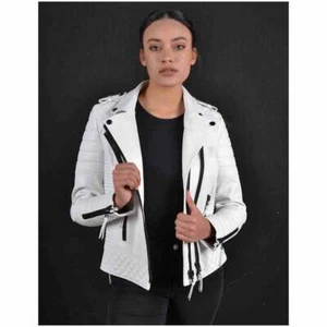 Royal Women Leather Jacket Genuine Lambskin Motorcycle Biker White - Picture 1 of 5