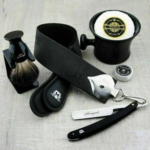 Shaving Set-Customized Kit Straight Cut Throat Razor Black Badger Brush Strop - Picture 1 of 6