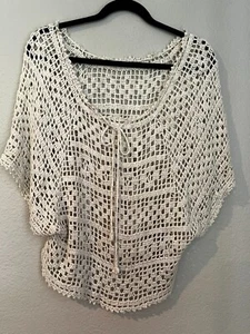 Beige Full Crochet Top Batwing Cropped wide neck Open Knit Cotton One Size - Picture 1 of 10