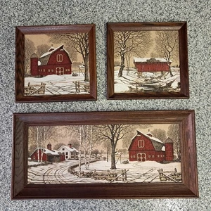 Vintage Kay Dee 100% Leinen gerahmte Kunst, Scheune Winter Bauernhof Szene Bilder 3 Stück Set - Bild 1 von 13