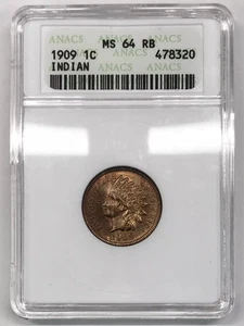 1909 P Indian Head Cent ANACS MS-64 RB - nice coin - old white soapbox holder - Picture 1 of 5