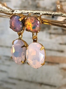Pink Fire Opal And Swarovski Rosewater In Drop Down Earrings In Gold Plated - Picture 1 of 5