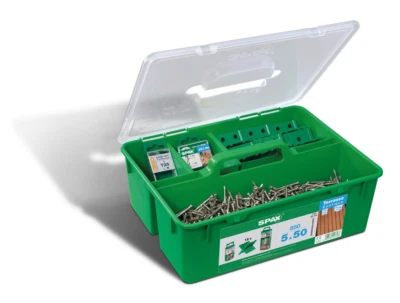 SPAX GREEN Box Terrassenschrauben-Set 5x50mm Edelstahl Bits Bohrer Abstandhalter - Bild 1 von 4