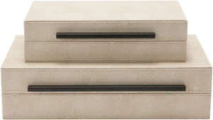 Sagala Set of 2 Ivory Shagreen Decorative Boxes with Black Metal Handles, Faux L - Picture 1 of 12