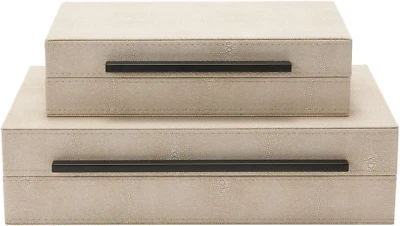 Sagala Set of 2 Ivory Shagreen Decorative Boxes with Black Metal Handles, Faux L - Image 1 of 4