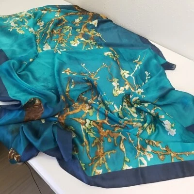 Large Silk Scarf Van Gogh's Turquoise 'Almond blossom' - Image 1 of 4