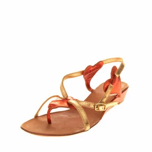 ASH Womens NWOB 37 7 Gold Orange Leather Wedge Slingback Thong Metallic Sandals - Picture 1 of 12