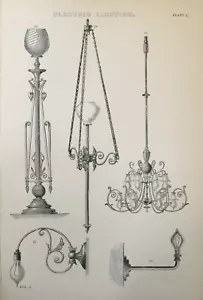 Antique Electric Lighting Print Engraving C1870's Light Fittings Victorian Home - Picture 1 of 4