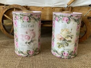 Shabby Chic - Roses- Pair Of 2 Handcrafted Tins