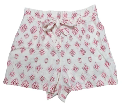 Pantalones Cortos Artisan NY Mujer L 100% Lino Cintura Alta Bolsillos Corbata Frontal Marfil Rojo Foto 1 de 4