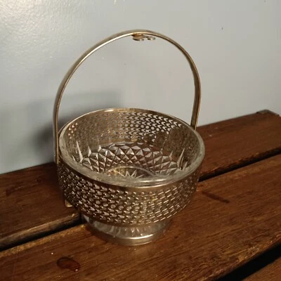 Vintage Arcoroc Cut Glass Relish, Sugar Bowl, Silverplate Stand, Handle - Image 1 of 4