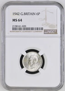 Great Britain - 1942 George VI Silver 6 Pence - NGC MS64 - Picture 1 of 2