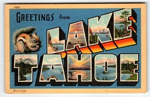 Greetings From Lake Tahoe California Squirrel 1940's Large Letter Linen Postcard - Picture 1 of 2