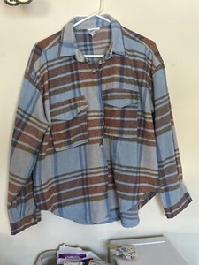 Ford Bronco Shirt Womens XL Blue Brown Plaid Flannel Graphic Print Shacket - Picture 1 of 4