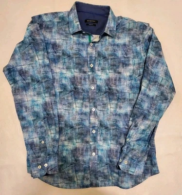 Bugatchi Mens L Shaped Fit Long Sleeve Button Dress Shirt Blue Pattern Flip Cuff - Image 1 of 4