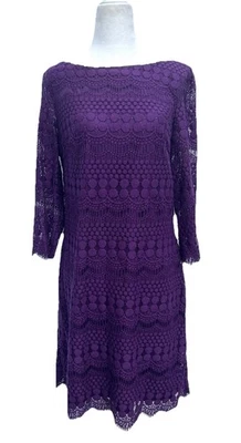 Eliza J Dress Sz 8 Purple Lace 3/4 Sleeve Midi Lined Shift Party Cocktail - Image 1 of 4