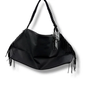 Paul Mitchell NWT Fringed Tote Bag Black Large Faux Leather Shoulder Boho Style - Picture 1 of 7