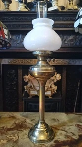 Antique Edwardian Brass Oil Lamp with Glass Milk Shade and Chimney 28.5" Tall - Picture 1 of 9
